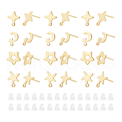 Unicraftale 32Pcs 4 Styles Moon & Star & Starfish 201 Stainless Steel Stud Earrings Findings STAS-UN0056-74-1