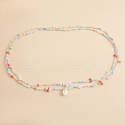 Bohemian Natural Cowrie Charm Glass Seed Beaded Double Layered Waist Belly Stretch Chains for Women FS-WG5D6A5-07-1