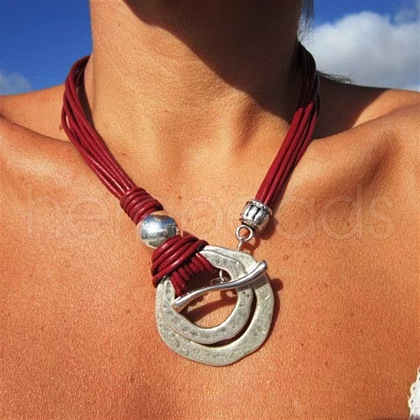 Bohemian Double Ring Alloy Pendant Waxed Imitation Leather Cord Necklaces for Women FS-WG722D8-01-1