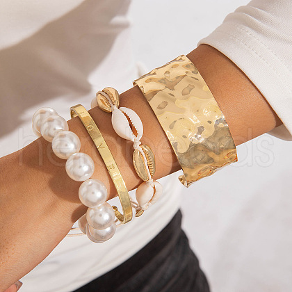 Shell Shape Alloy & Iron & CCB Plastic & Plastic Pearl Bangles Set FS-WGB93A7-11-1
