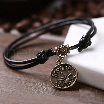 Alloy Flat Round with Constellation Charms Double Layer Black Imitation Leather Cord Adjustable Anklets WGE0879-01-1