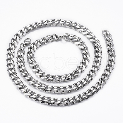 201 Stainless Steel Curb Chain Necklaces & Bracelets Sets SJEW-L186-02P-A-1
