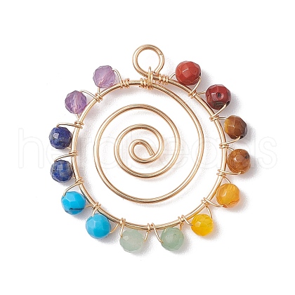 Chakra Mixed Gemstone Copper Wire Wrapped Faceted Pendants PALLOY-JF02745-01-1