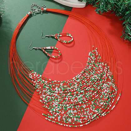 Christmas Glass Seed Beaded Multilayer Necklaces & Teardrop Dangle Earrings Sets WG44FFB-04-1