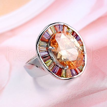 Oval Brass Micro Pave Colorful Cubic Zirconia Finger Rings FS-WG7C062-04-1