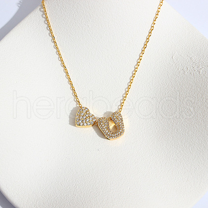 Heart Initial Brass Micro Pave Clear Cubic Zirconia Pendant Necklaces FS-WG89C2E-21-1