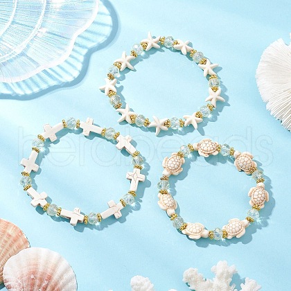 3Pcs 3 Styles Synthetic Turquoise Beads Stretch Bracelets BJEW-JB11574-1