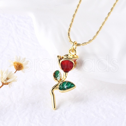 Brass FireBrick Enamel Rose Pendant Necklaces for Women NJEW-U042-01A-G-1