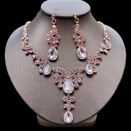 Teardrop Alloy Rhinestone Pendant Necklaces & Stud Earrings Sets FS-WG537BF-07-1