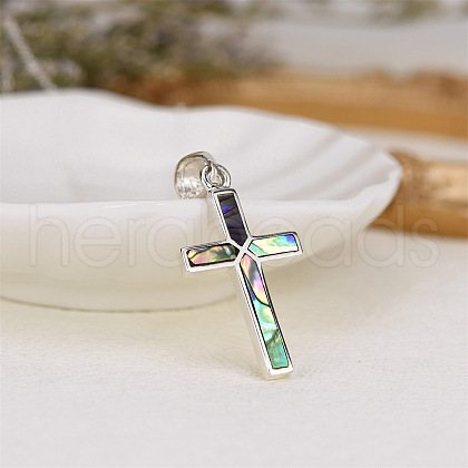 304 Stainless Steel Pave Natural Paua Shell Religion Cross Pendant Necklaces for Women FS-WG66782-01-1