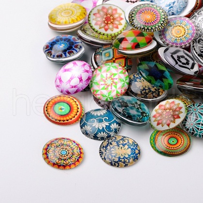 Mosaic Printed Glass Half Round/Dome Cabochons GGLA-N004-14mm-G-1