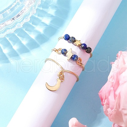 3Pcs Copper Wire Wrapped Natural Lapis Lazuli Faceted Round Bead Finger Rings for Women RJEW-JR00887-05-1