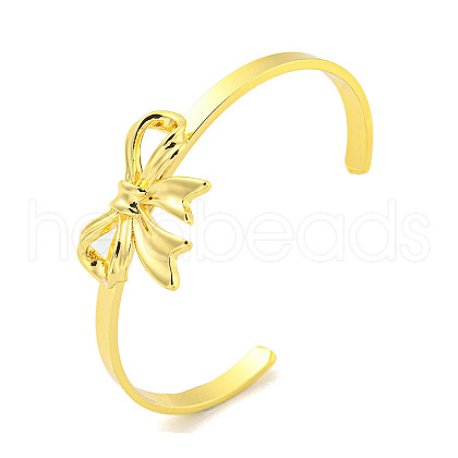 Bowknot Rack Plating Brass Open Cuff Bangles for Women BJEW-P322-06C-G-1