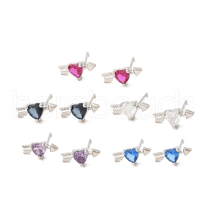 Heart with Arrow Platinum Brass Stud Earrings EJEW-L270-06P-1