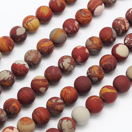 Frosted Round Natural Red Picture Jasper Beads Strands G-N0166-70-6mm-1