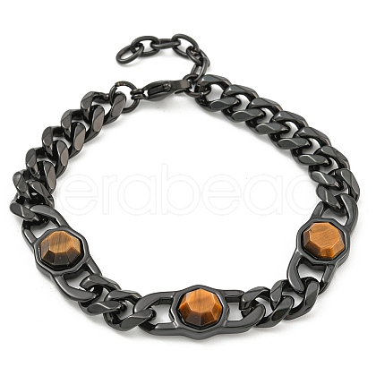 304 Stainless Steel & Natural Tiger Eye Polygon Link Bracelets for Women BJEW-G717-16B-02-1
