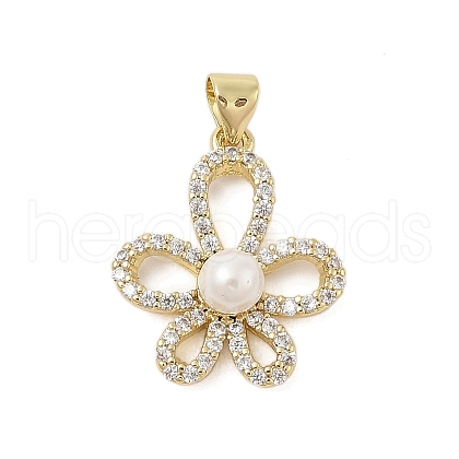 Flower Rack Plating Brass Micro Pave Cubic Zirconia with ABS Imitation pearls Pendants KK-Z074-41G-1