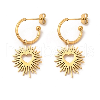 PVD Vacuum Plating 304 Stainless Steel Ring with Heart Dangle Stud Earrings EJEW-P219-01G-1