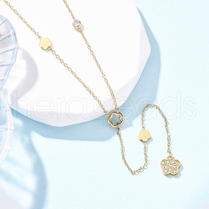 304 Stainless Steel Crystal Rhinestone Flower Y Necklaces NJEW-R026-18G-1
