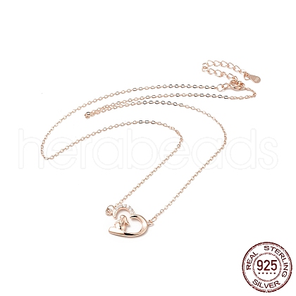 925 Sterling Silver Rabbit with Heart Pendant Necklace with Clear Cubic Zirconia for Women NJEW-E034-02RG-1