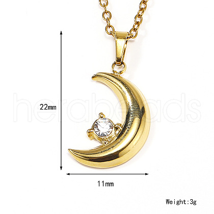 Retro Stainless Steel Clear Cubic Zirconia Moon Pendant Cable Chain Necklaces for Women MU9051-1-1
