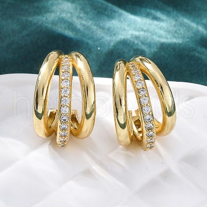 Triple C-Shaped Brass Micro Pave Clear Cubic Zirconia Stud Earrings EJEW-R025-11G-1