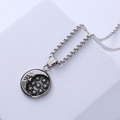 Stainless Steel Flat Round with Moon Star Pendant Necklaces for Women HV8965-1