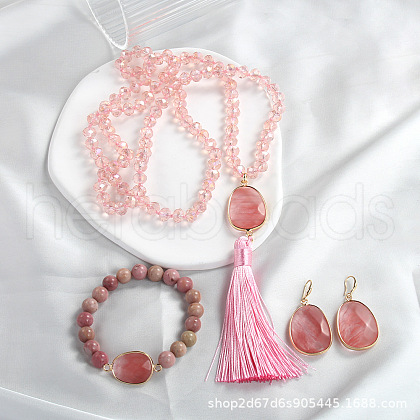 Natural Rose Quartz Beaded Necklaces & Bracelet & Earrings Sets FS-WGC8C62-05-1