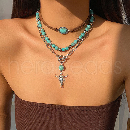 3Pcs 3 Styles Retro Synthetic Turquoise & CCB Plastic Beaded Necklace Set NJEW-B120-01B-1