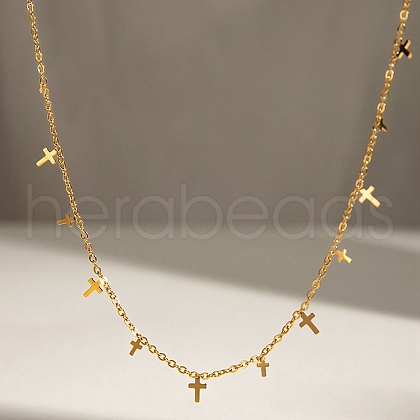 Religion 304 Stainless Steel Cable Chain Cross Tassel Necklaces for Women NJEW-M098-02G-1
