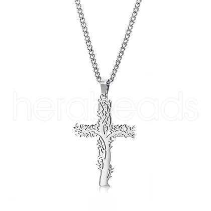 Stainless Steel Tree of Life Cross Pendant Curb Chain Necklaces PW-WGAB092-01-1