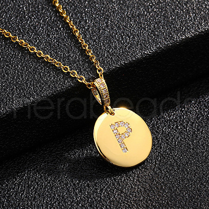 Brass Micro Pave Clear Cubic Zirconia Flat Round with Letter Pendant Necklaces FS-WG00655-16-1