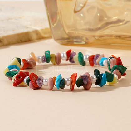 Coral Stone & Pine & Natural Red Aventurine & Amethyst & Butter Jade & Malachite & Dyed Red Wood Lace Stone Chip Beads Stretch Bracelets for Women WA7603-1