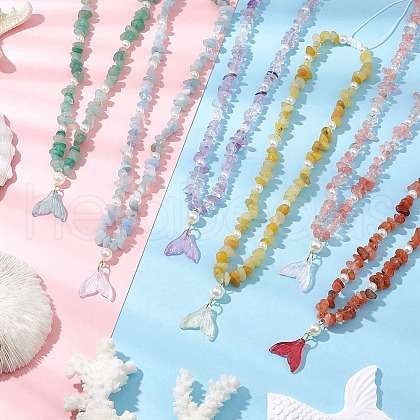 Natural & Synthetic Mixed Gemstone Chip & Imitaton Round Pearl Beaded Adjustable Necklaces NJEW-JN05227-1