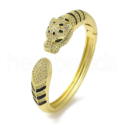 Brass Pave Clear & Green Cubic Zirconia Leopard Open Cuff Bangle for Women BJEW-K246-15G-1