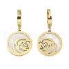 Left and Right Flat Round with Rose 304 Stainless Steel Shell Dangle Earrings EJEW-L283-070G-1