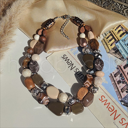 Wood & Resin Nuggets Beaded Double Layer Necklaces for Women FS-WGB5610-14-1