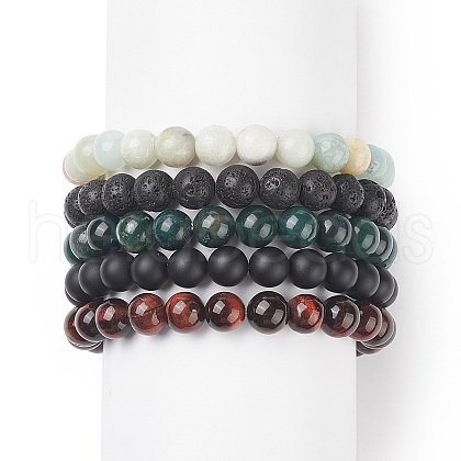 5Pcs 5 Style Natural Mixed Gemstone Round Beaded Stretch Bracelets Set for Men Women BJEW-JB08871-1