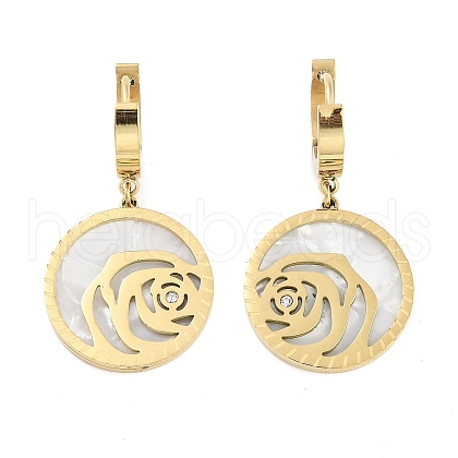 Left and Right Flat Round with Rose 304 Stainless Steel Shell Dangle Earrings EJEW-L283-070G-1