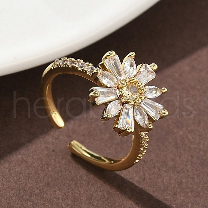 Flower Brass Micro Pave Cubic Zirconia Cuff Rings for Women RJEW-A069-01A-G-1