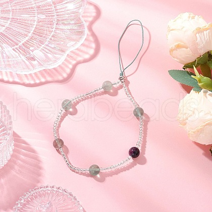 Natural Rainbow Fluorite & Glass Seed Round Beaded Phone Hand Strap Chains HJEW-JM03363-02-1