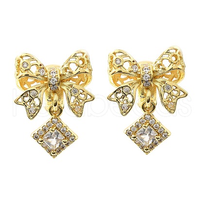 Bowknot & Rhombus Brass Micro Pave Clear Cubic Zirconia European Beads KK-V008-35G-1