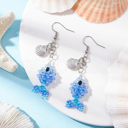 Fish with Shell Shape 304 Stainless Steel Glass Beads Dangle Earrings EJEW-MZ00436-04-1
