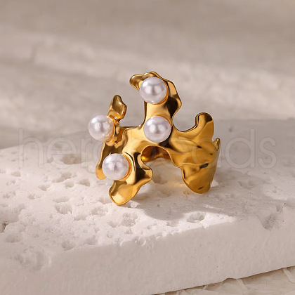 Retro Royal Style 304 Stainless Steel Imitation Pearl Cuff Rings FS-WG343E9-07-1