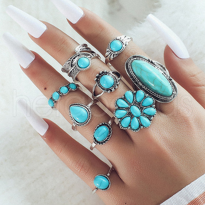 9Pcs Alloy with Synthetic Turquoise Finger Rings FS-WG21963-01-1