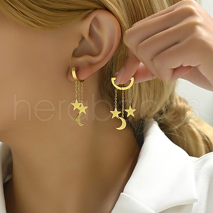 Stainless Steel Star with Moon Tassel Hoop Earrings CV1513-1-1