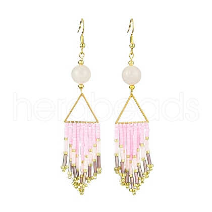 Arrow Tassel Glass Seed with Natural Rose Quartz Boho Dangle Earrings EJEW-MZ00146-1