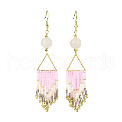 Arrow Tassel Glass Seed with Natural Rose Quartz Dangle Earrings EJEW-MZ00146-1