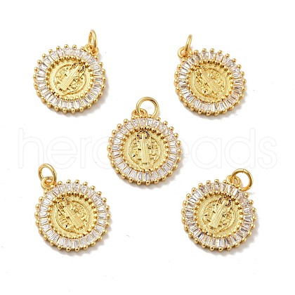 Flat Round with Saint Brass Micro Pave Clear Cubic Zirconia Pendants KK-G419-25G-1