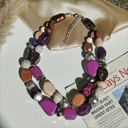 Wood & Resin Nuggets Beaded Double Layer Necklaces for Women FS-WGB5610-09-1